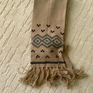 GERARD DAREL YAK AND WOOL CAMEL SCARF W/ GEOMETRIC PRINT/TASSELS  78X 9 INCHES